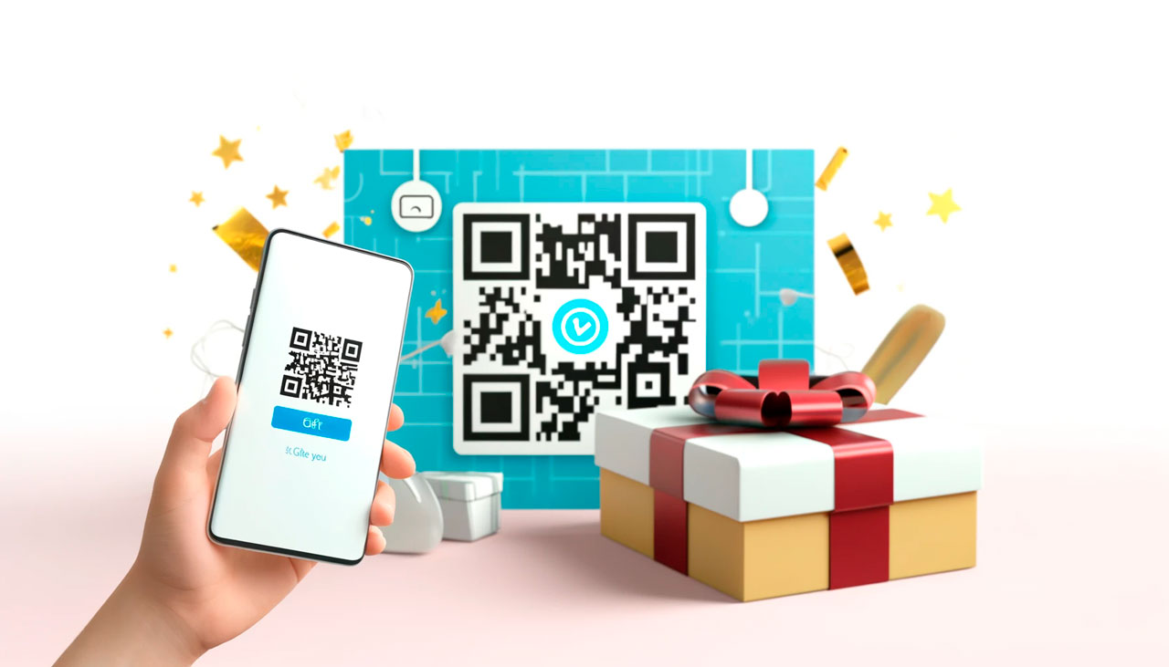 uma caixa de presente com fita, e um smartphone escaneando o QR code