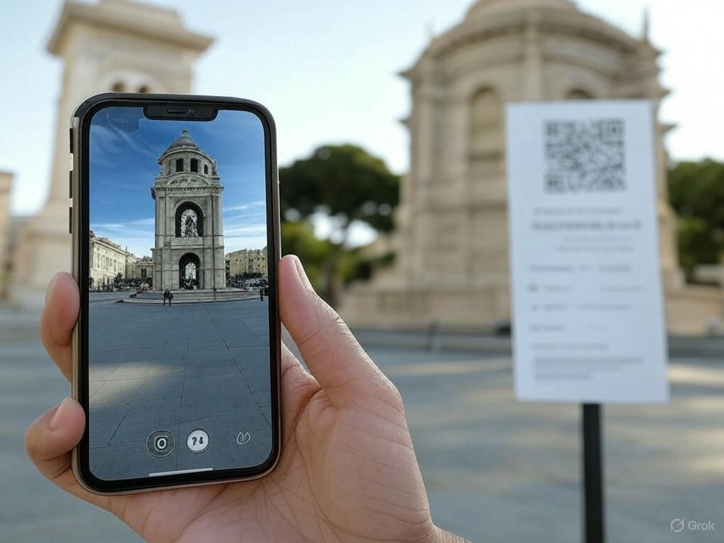 Uma placa turística com QR Code em frente a um monumento histórico. No celular, o visitante vê uma reconstrução virtual do monumento como ele era séculos atrás, diretamente sobre o ambiente real.