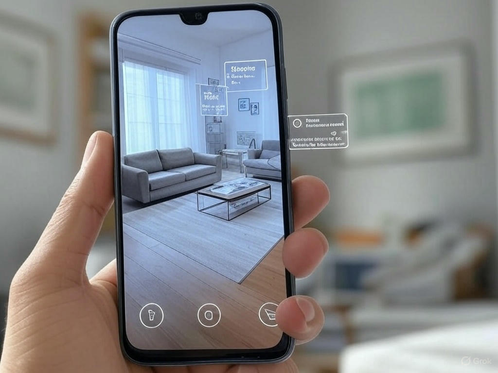 Um smartphone segurado por uma mão, com a câmera aberta mostrando uma sala real. Sobre a sala, aparecem elementos virtuais flutuando, como informações de produtos, um sofá virtual sobreposto no chão e um botão de compra em AR