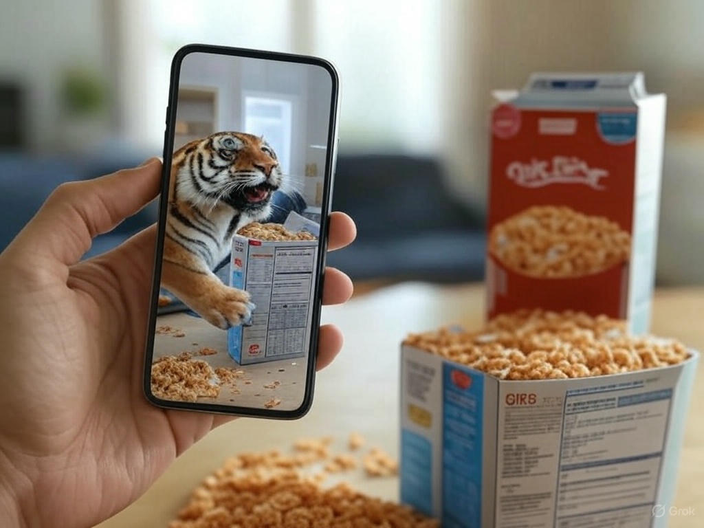 Uma caixa de cereal com um QR Code impresso. Ao lado, o celular escaneando e mostrando um mascote virtual (um tigre, por exemplo) saindo da caixa e interagindo com o consumidor.